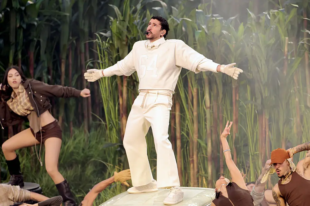 Bad Bunny during the Apple Music Super Bowl LX Halftime Show. Credit: Neilson Barnard / Getty